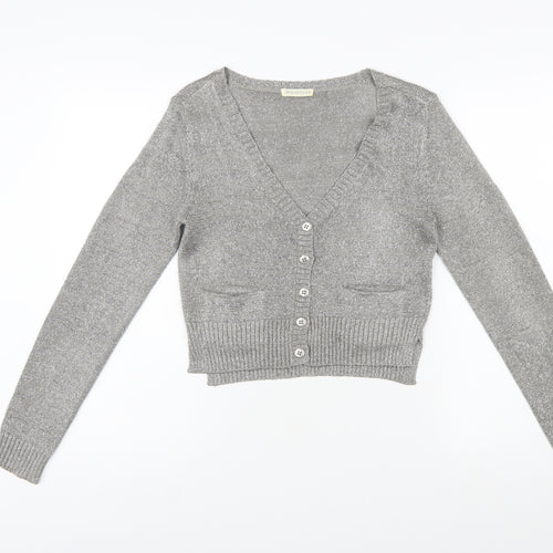Whistles Women Silver Knit V-Neck Long Sleeve Cardigan Size 10