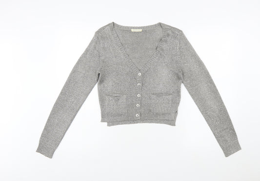 Whistles Women Silver Knit V-Neck Long Sleeve Cardigan Size 10