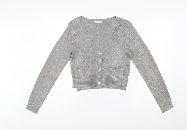 Whistles Women Silver Knit V-Neck Long Sleeve Cardigan Size 10