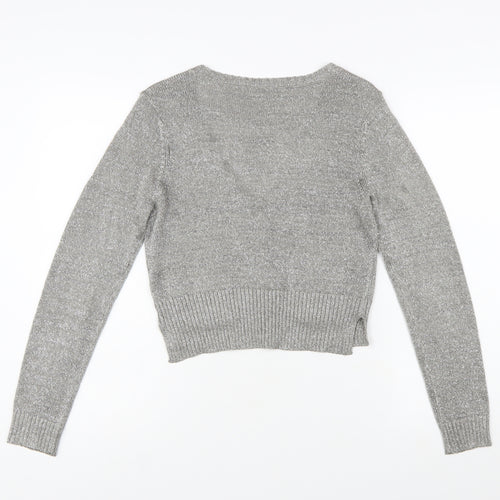 Whistles Women Silver Knit V-Neck Long Sleeve Cardigan Size 10