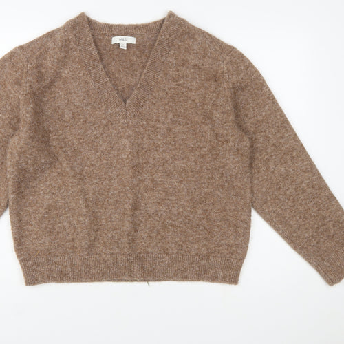 Marks and Spencer Womens Brown V-Neck Wool Blend Jumper Size S