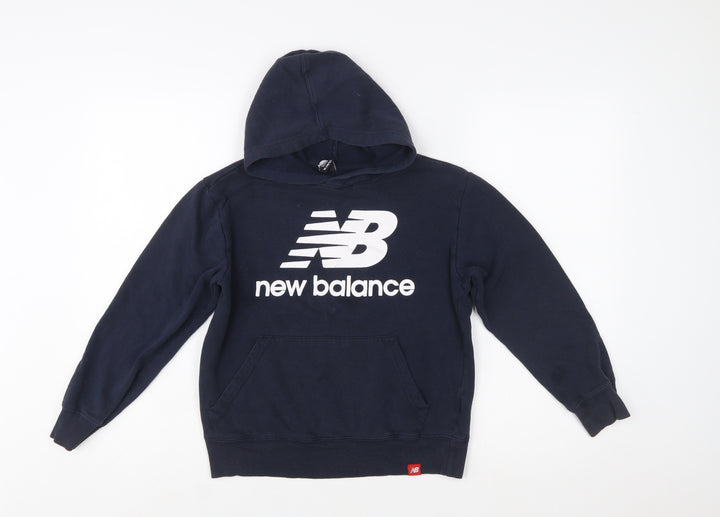 New Balance Boys Blue Pullover Hoodie Size 10-12 Logo Print Cotton Blend