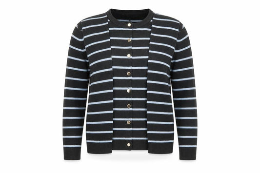Front view of Next Women’s Black Striped Cardigan, size UK 14, Crew Neck Long Sleeve