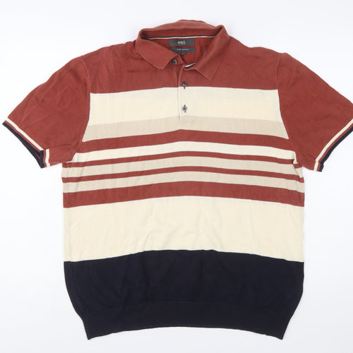 Marks and Spencer Men's Multicoloured Stripe Cotton Polo Shirt Size L