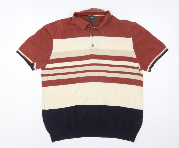 Marks and Spencer Men's Multicoloured Stripe Cotton Polo Shirt Size L