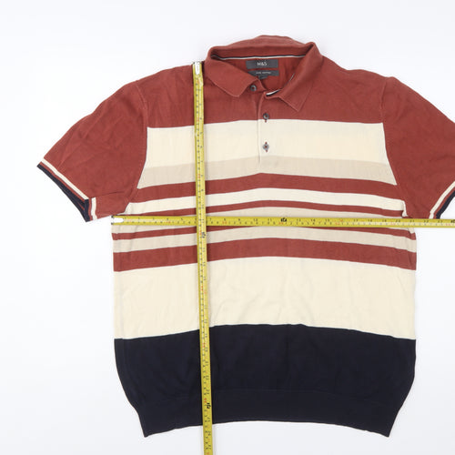 Marks and Spencer Men's Multicoloured Stripe Cotton Polo Shirt Size L