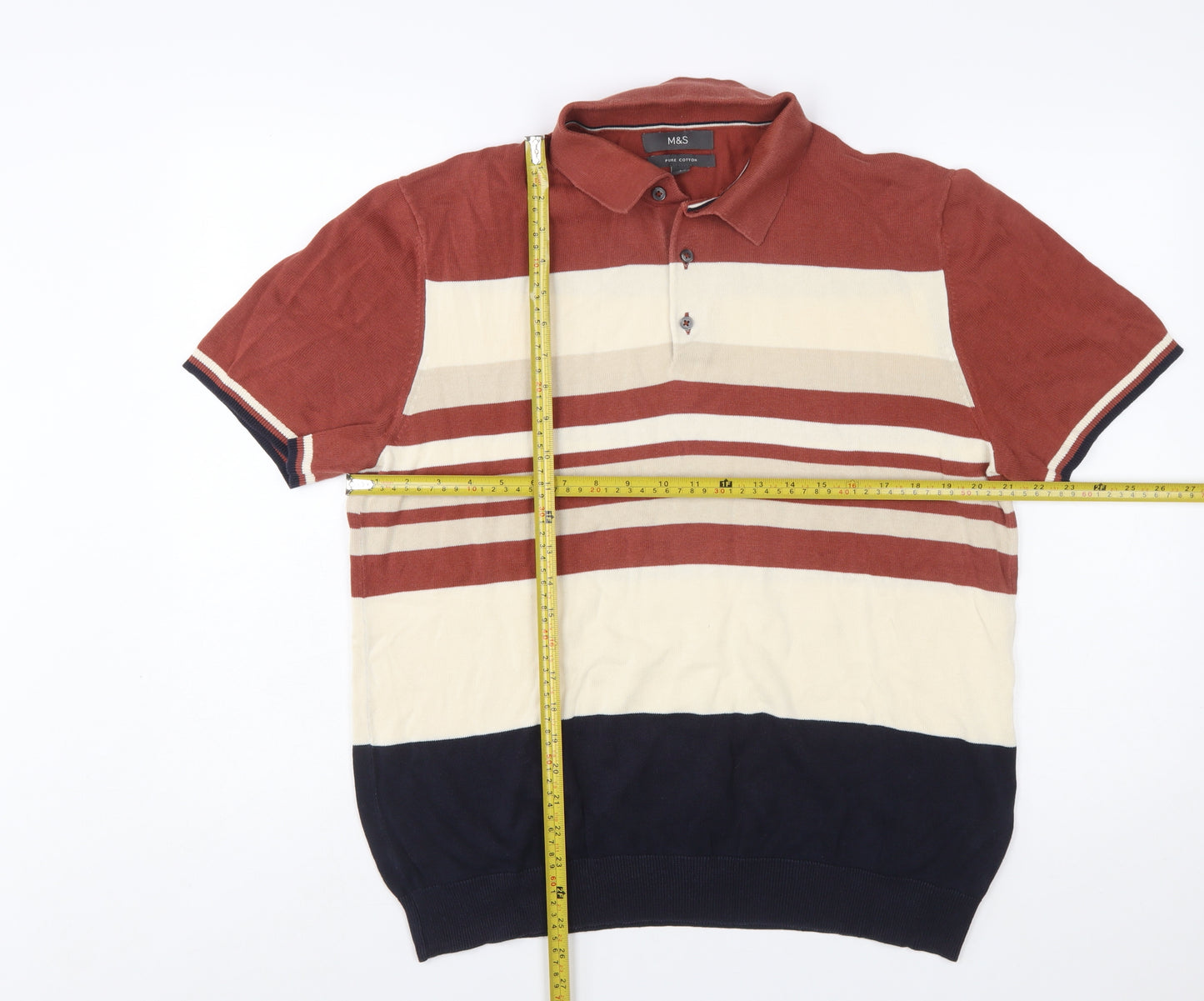 Marks and Spencer Men's Multicoloured Stripe Cotton Polo Shirt Size L