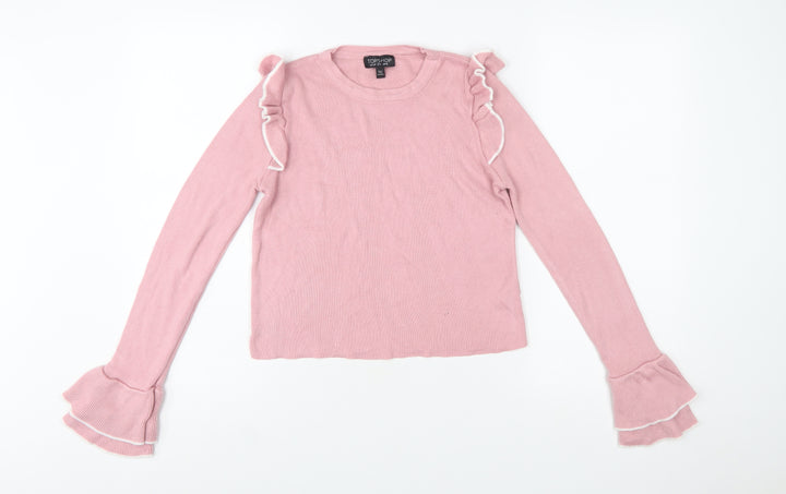 Topshop Women Pink Ruffle Flared Sleeve Knit Jumper UK 10