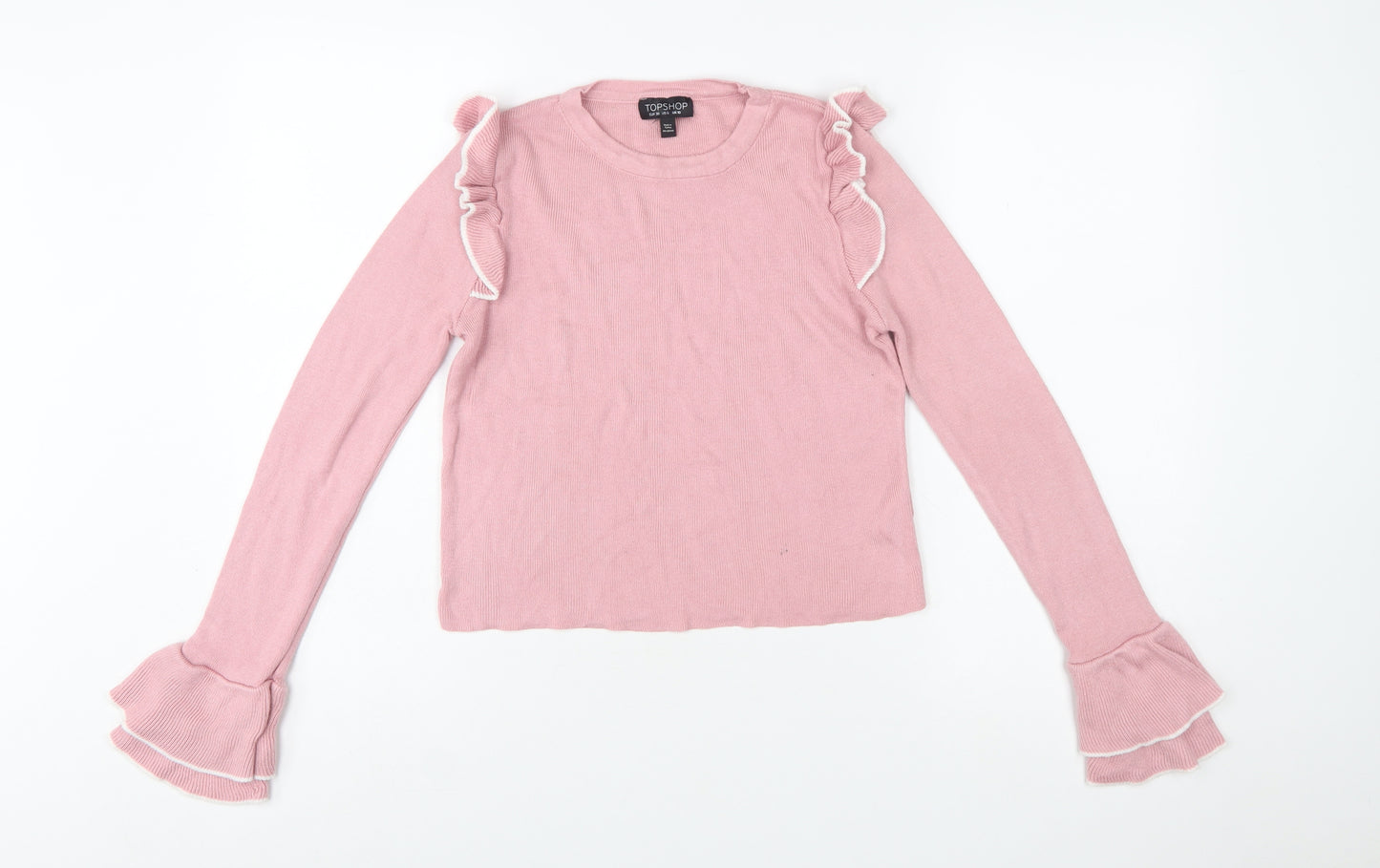 Topshop Women Pink Ruffle Flared Sleeve Knit Jumper UK 10