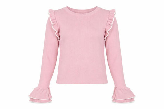 Front view of Topshop Women Pink Ruffle Flared Sleeve Knit Jumper UK 10
