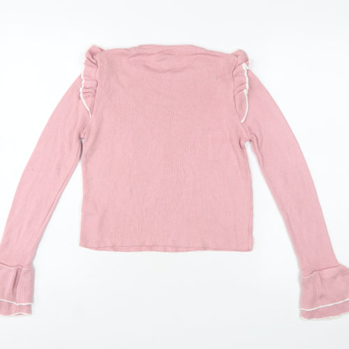 Topshop Women Pink Ruffle Flared Sleeve Knit Jumper UK 10