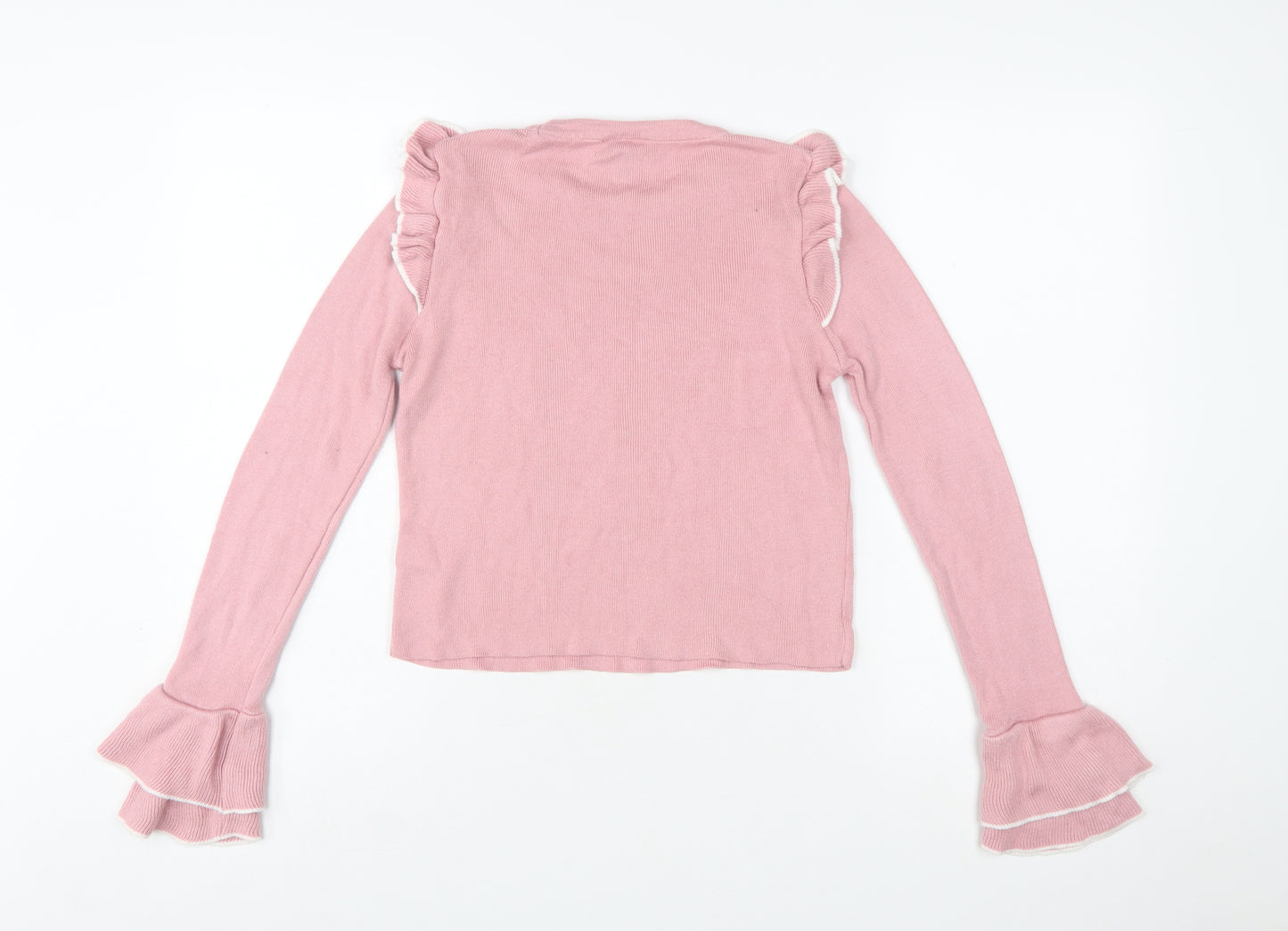 Topshop Women Pink Ruffle Flared Sleeve Knit Jumper UK 10