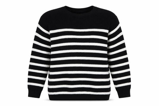 Front view of Bonmarché Women’s Black White Striped Knit jumper, size UK 14