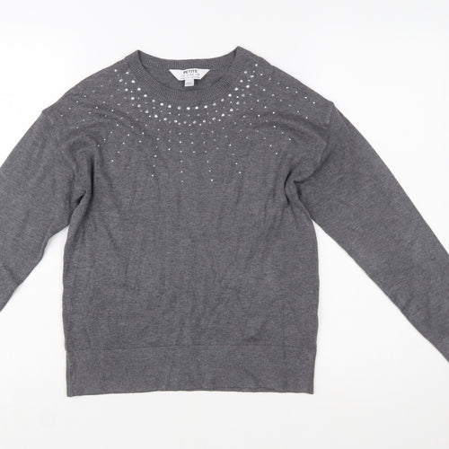 Dorothy Perkins Women’s Grey Petite Rhinestone Crew Neck Jumper Size 6