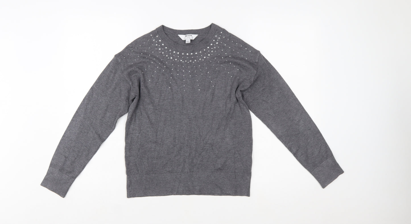 Dorothy Perkins Women’s Grey Petite Rhinestone Crew Neck Jumper Size 6