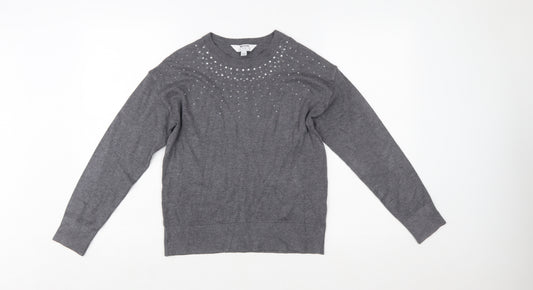 Dorothy Perkins Women’s Grey Petite Rhinestone Crew Neck Jumper Size 6