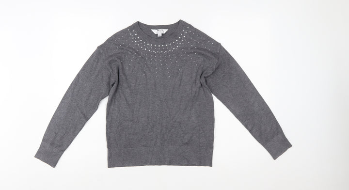 Dorothy Perkins Women’s Grey Petite Rhinestone Crew Neck Jumper Size 6