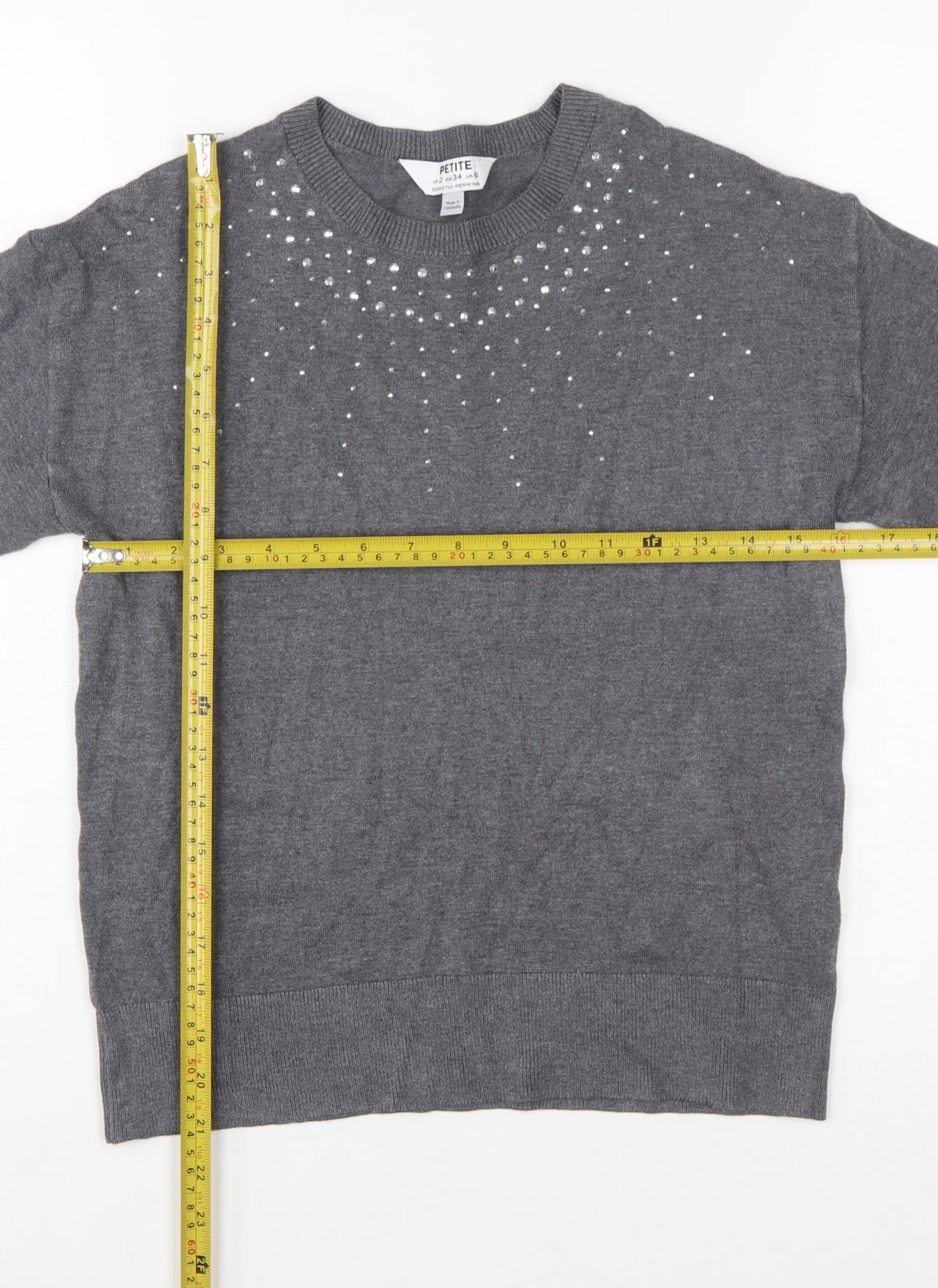Dorothy Perkins Women’s Grey Petite Rhinestone Crew Neck Jumper Size 6