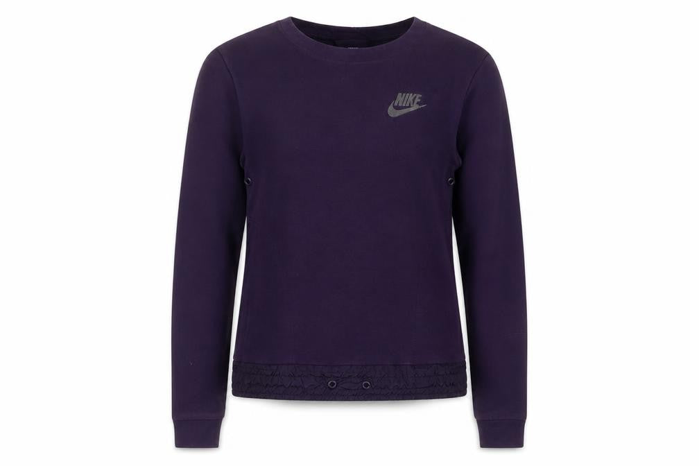 Front view of Nike women’s purple crew neck long sleeve pullover sweatshirt, size S