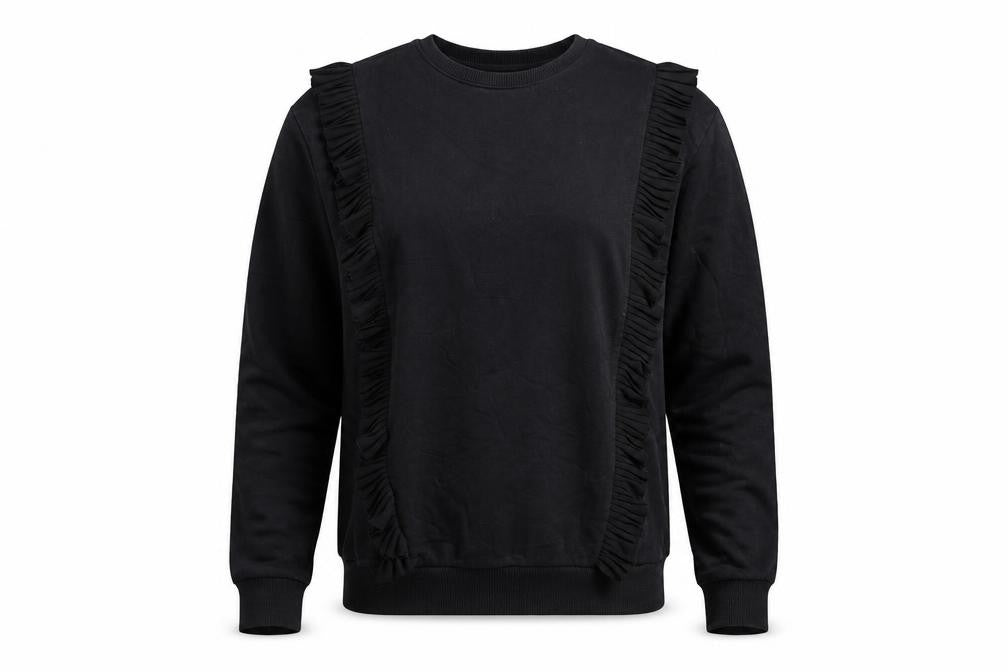 Front view of Select Women Black Ruffle Trim Pullover Sweatshirt, size S