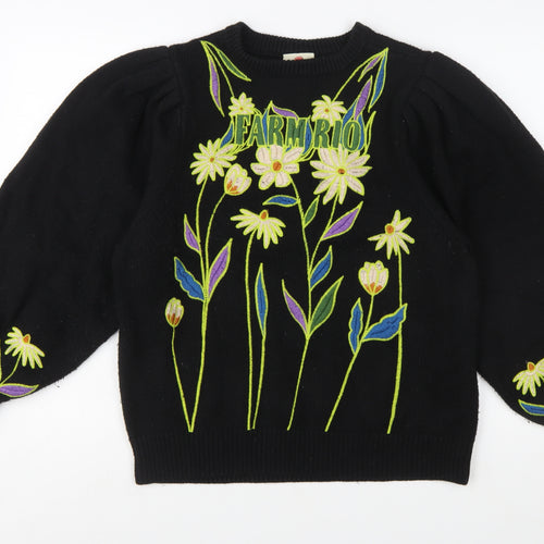 Farm Rio Womens Black Embroidered Floral Pullover Jumper XXS