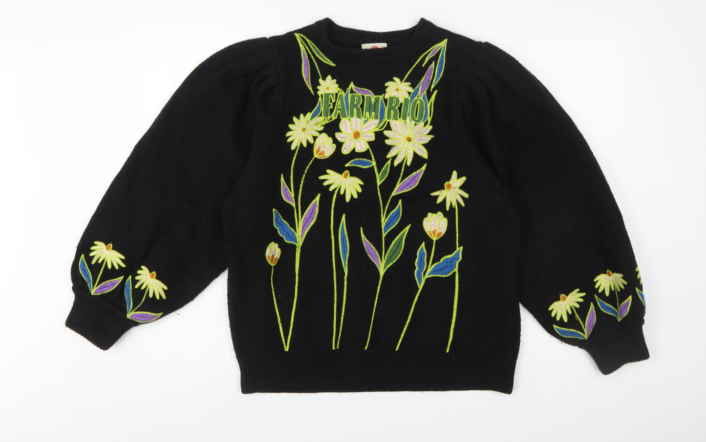Farm Rio Womens Black Embroidered Floral Pullover Jumper XXS