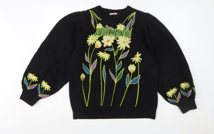 Farm Rio Womens Black Embroidered Floral Pullover Jumper XXS