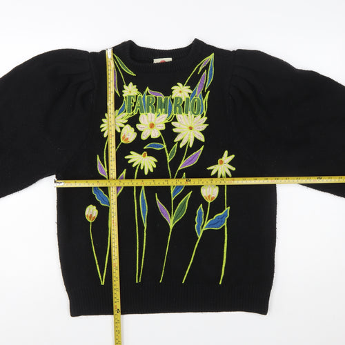 Farm Rio Womens Black Embroidered Floral Pullover Jumper XXS