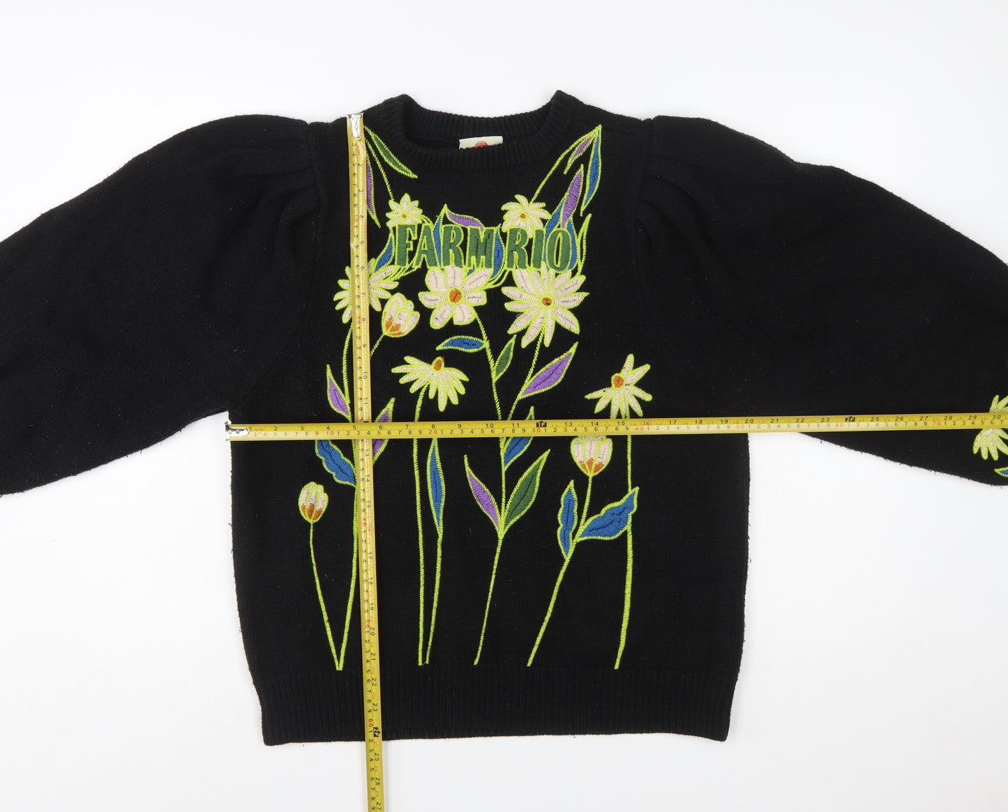 Farm Rio Womens Black Embroidered Floral Pullover Jumper XXS