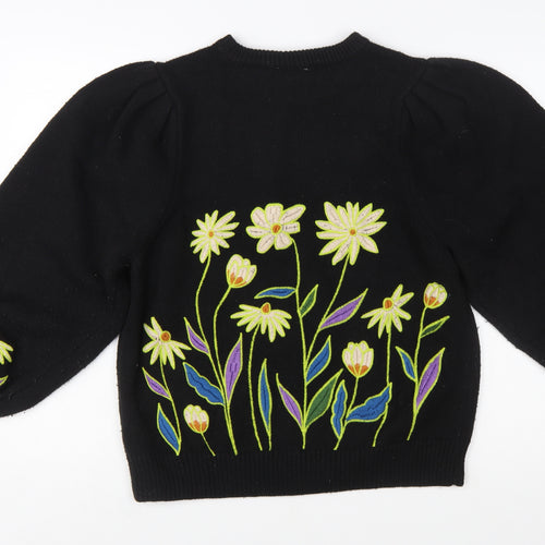 Farm Rio Womens Black Embroidered Floral Pullover Jumper XXS