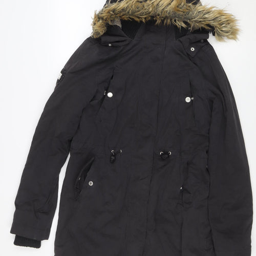 Superdry Women's Black Parka Coat Size S Faux Fur Hooded Winter Jacket