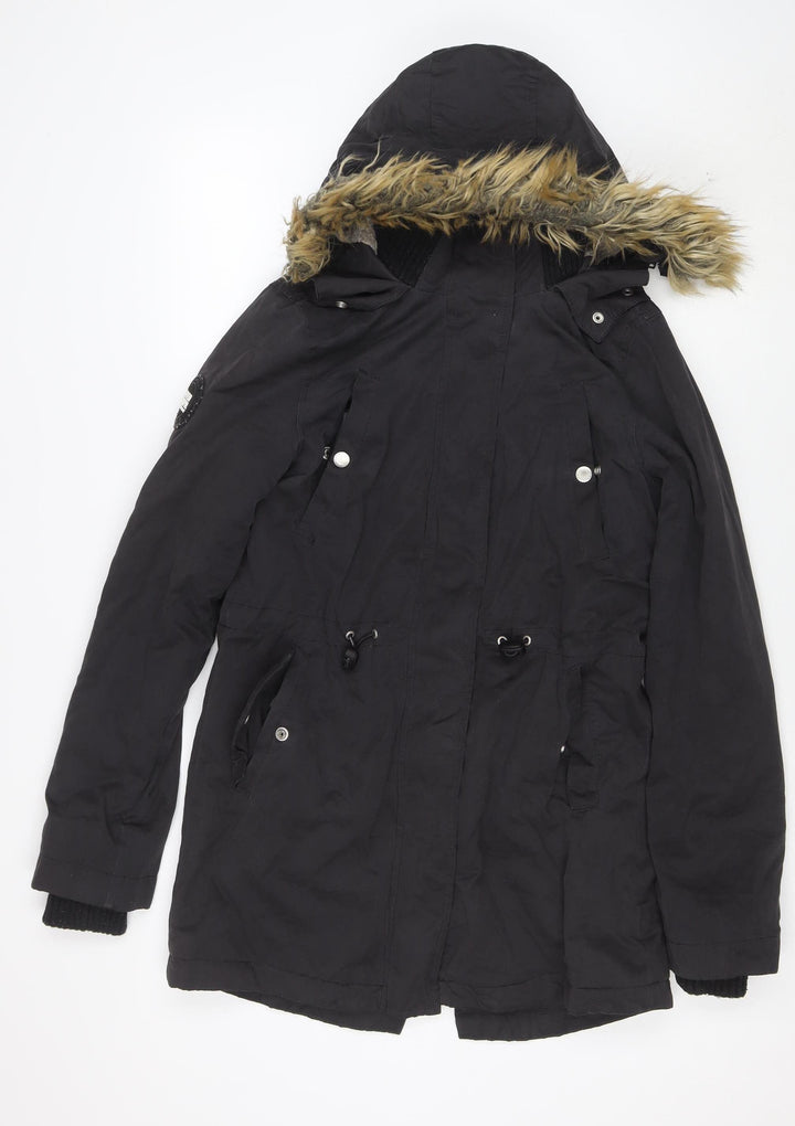 Superdry Women's Black Parka Coat Size S Faux Fur Hooded Winter Jacket