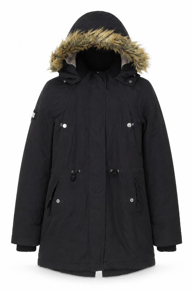 Superdry Women's Black Parka Coat Size S Faux Fur Hooded Winter Jacket