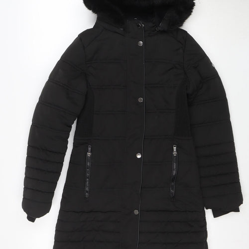 Firetrap Girls Black Long Puffer Coat Hooded Fur Trim 13 Years
