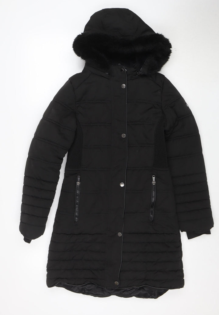 Firetrap Girls Black Long Puffer Coat Hooded Fur Trim 13 Years