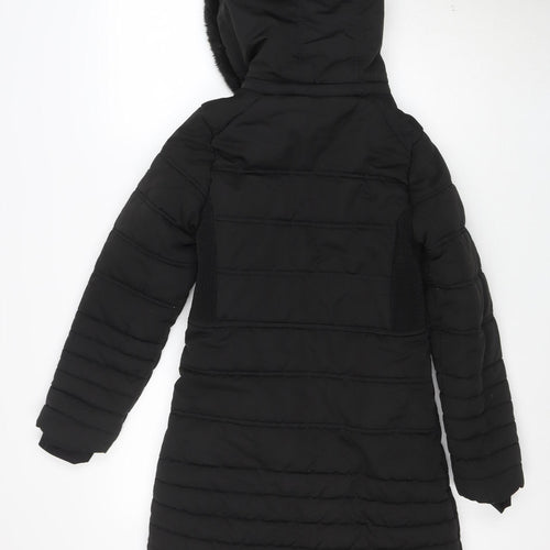 Firetrap Girls Black Long Puffer Coat Hooded Fur Trim 13 Years