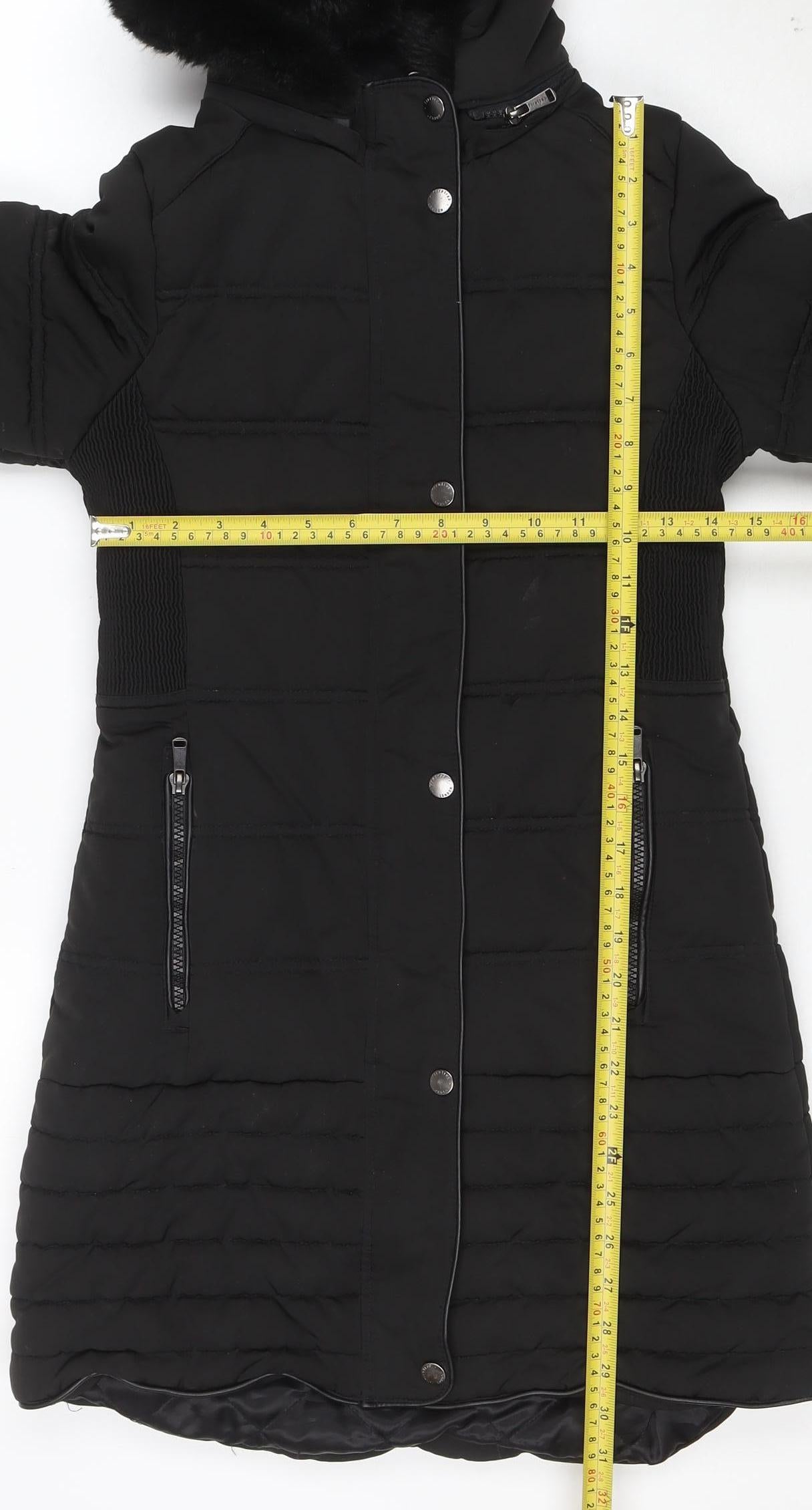 Firetrap Girls Black Long Puffer Coat Hooded Fur Trim 13 Years