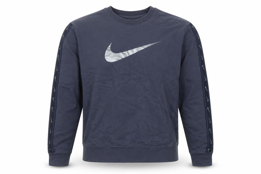 Front view of Nike Men’s Blue Crew Neck Logo Pullover Sweatshirt, size M