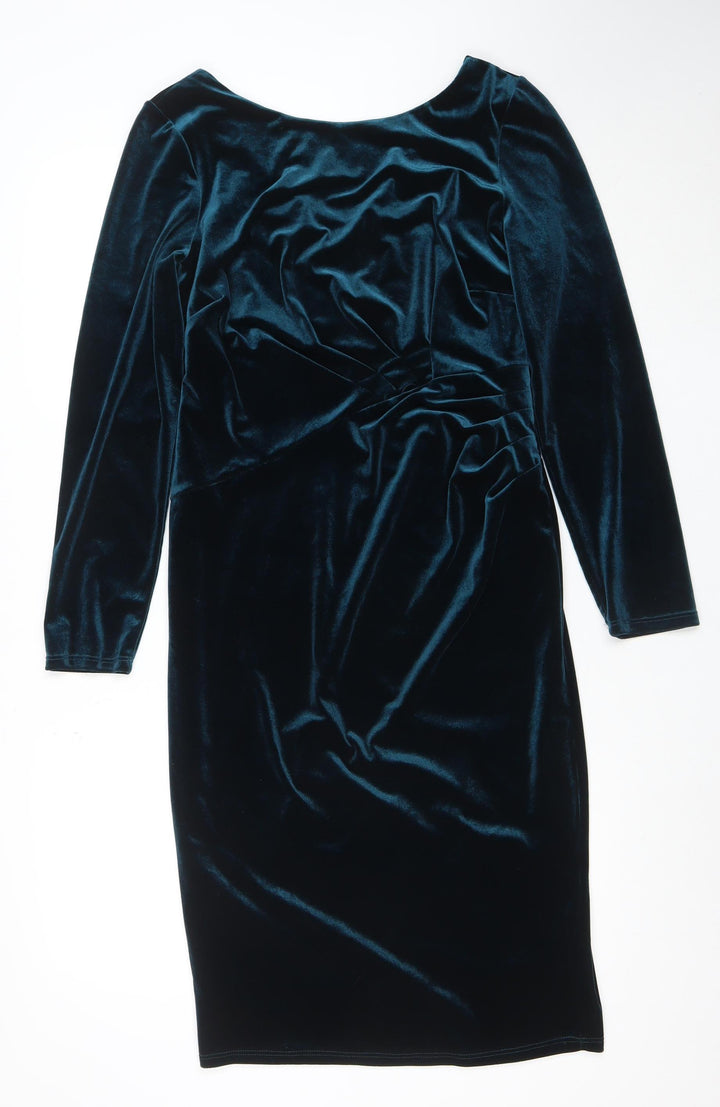 Monsoon Women’s Blue Velvet Bodycon Dress Size 14 Long Sleeve