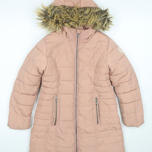 Next Boys Pink Hooded Long Puffer Coat 7 Years Faux Fur Trim Winter Jacket