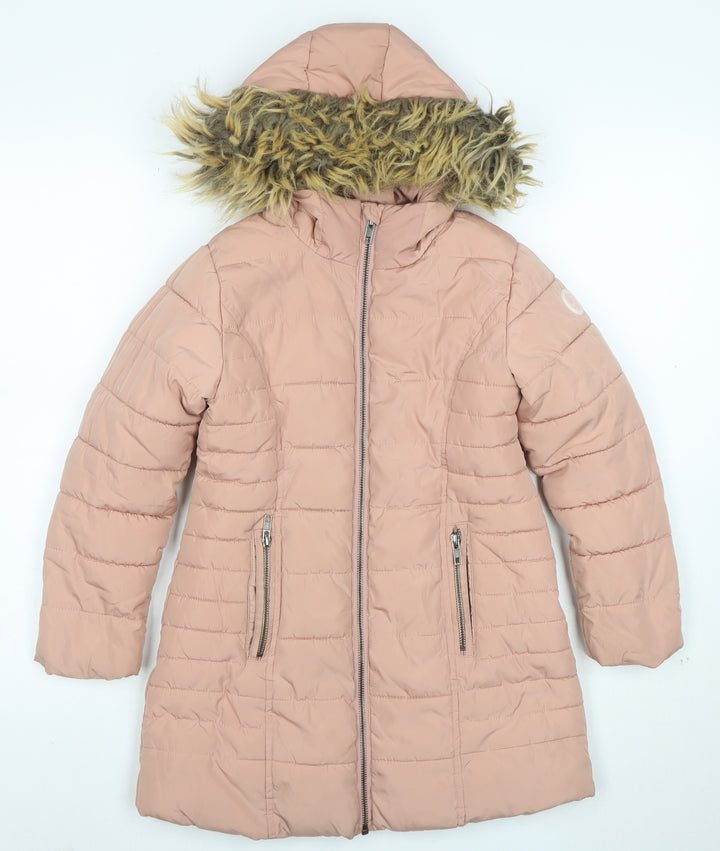 Next Boys Pink Hooded Long Puffer Coat 7 Years Faux Fur Trim Winter Jacket