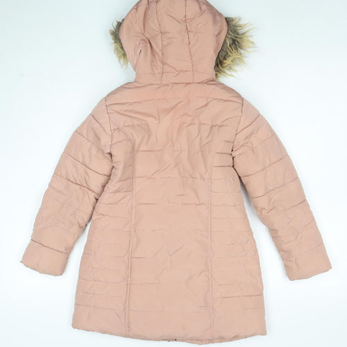 Next Boys Pink Hooded Long Puffer Coat 7 Years Faux Fur Trim Winter Jacket