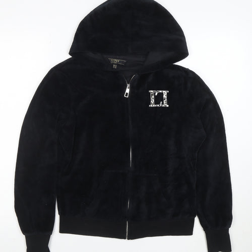 Lipsy Women Black Velour Full Zip Hoodie UK 14 Rhinestone Logo