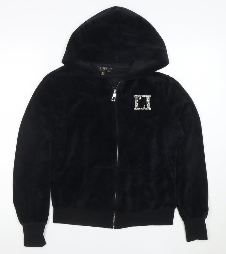 Lipsy Women Black Velour Full Zip Hoodie UK 14 Rhinestone Logo