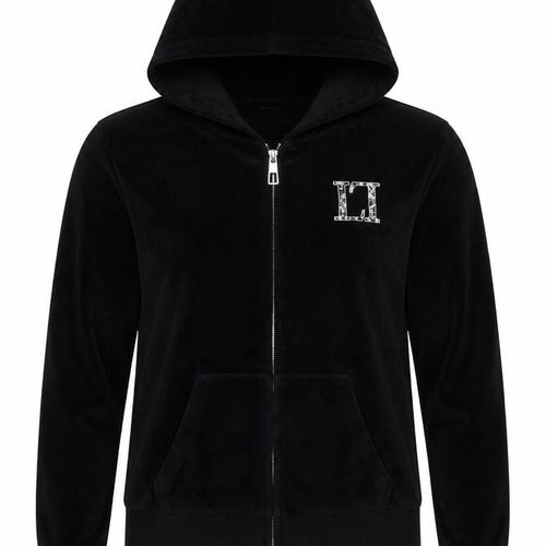 Lipsy Women Black Velour Full Zip Hoodie UK 14 Rhinestone Logo