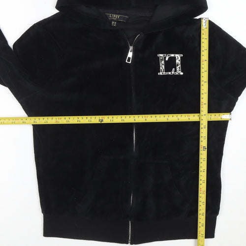 Lipsy Women Black Velour Full Zip Hoodie UK 14 Rhinestone Logo