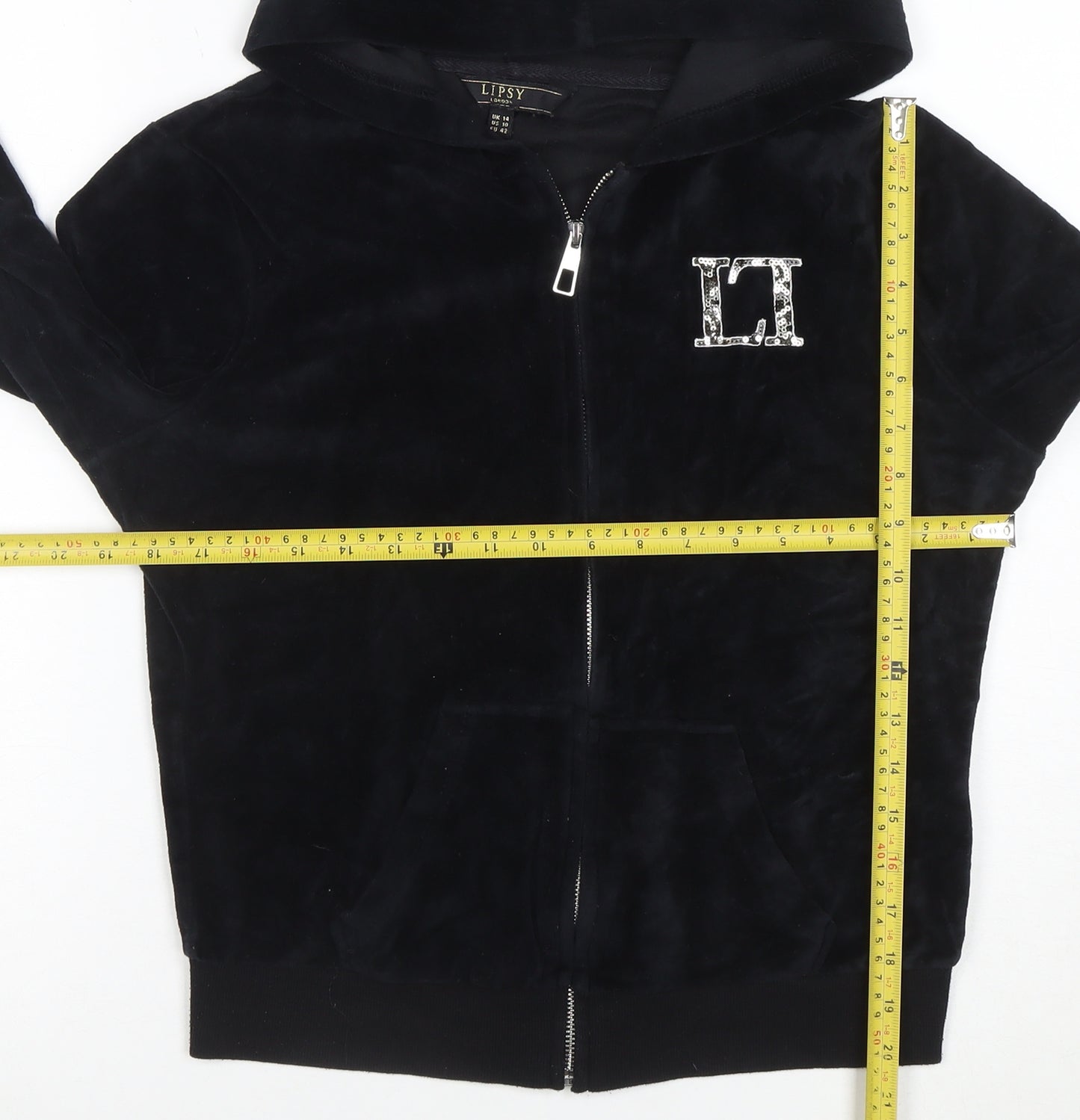 Lipsy Women Black Velour Full Zip Hoodie UK 14 Rhinestone Logo