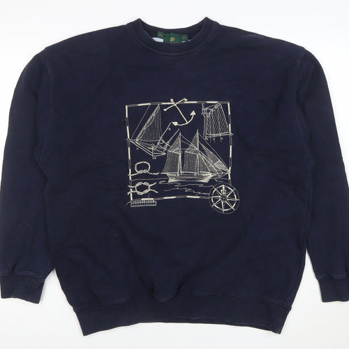 Jumpers Men Blue Cotton Nautical Embroidered Crew Neck Sweatshirt M