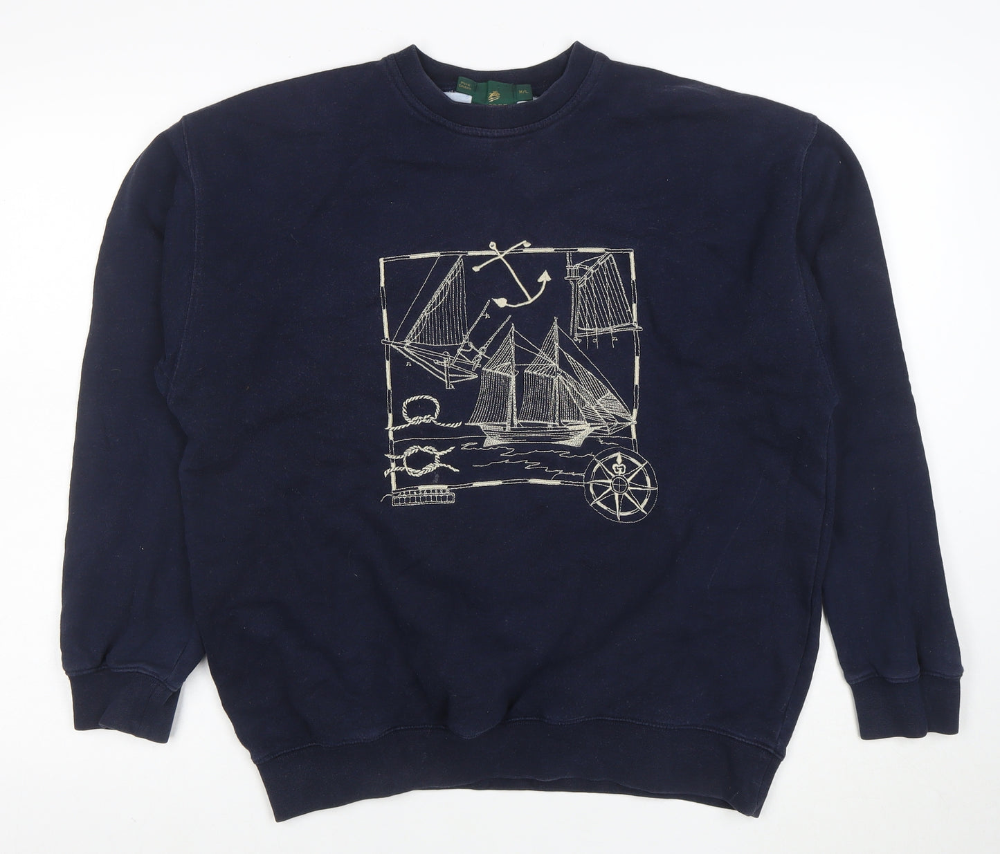 Jumpers Men Blue Cotton Nautical Embroidered Crew Neck Sweatshirt M