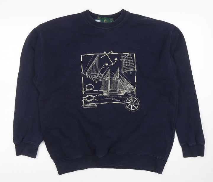 Jumpers Men Blue Cotton Nautical Embroidered Crew Neck Sweatshirt M
